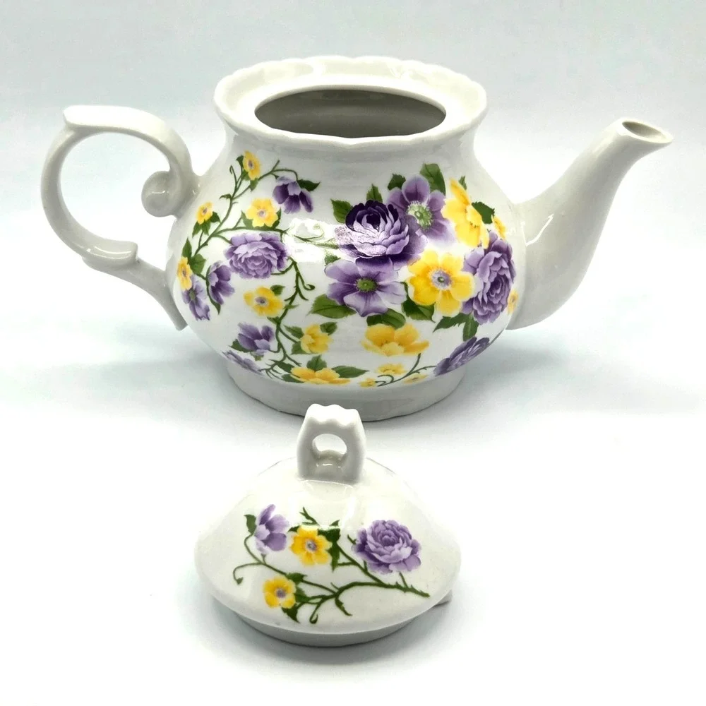 Vintage‎ Teapot Purple and Yellow Flowers Unmarked Cottage Core
